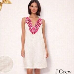 J. Crew Cream Sleeveless Dress with Pink Embroidered V-Neck